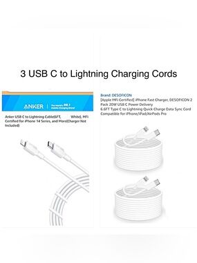 3 USB C to LIGHTNING Charging Cords 6’ Anker Desoficon MiFi Certified white